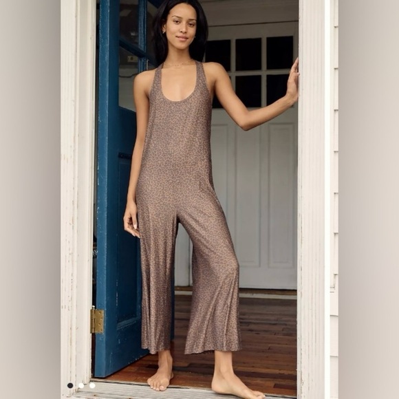 Anthropologie Beyond Yoga Hang Loose Lounge Pajama Jumpsuit Wide Leg Leopard XS - Picture 1 of 13